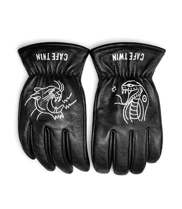 Motorcycle Gloves Vintage Worker CT Black/White Leather - cafetwin