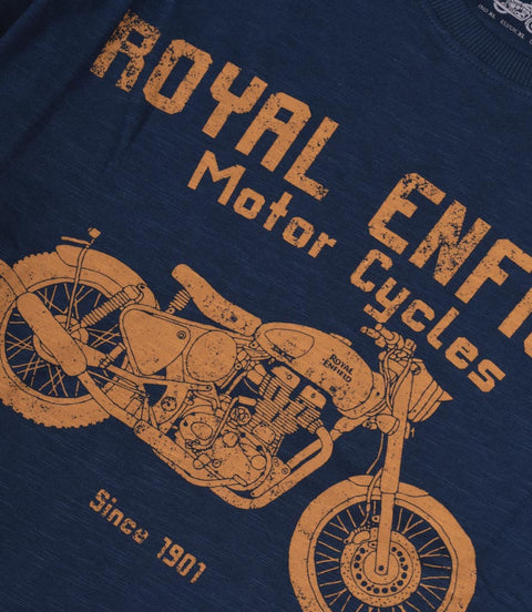 T-Shirt Royal Enfield Classic Lino Stamp Blue - cafetwin