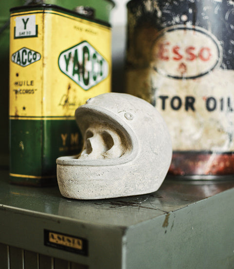 Cement Cement Skull Ornament with Helmet